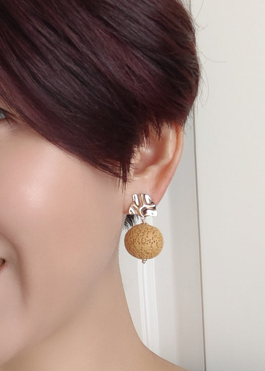 Yellow Lava Stone 14K Gold Plated Stud Earrings (Sphere / Coin Shape)