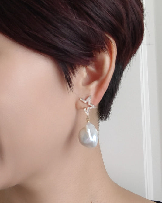 Baroque Pearl CZ Star S925 Sliver Stud Earrings