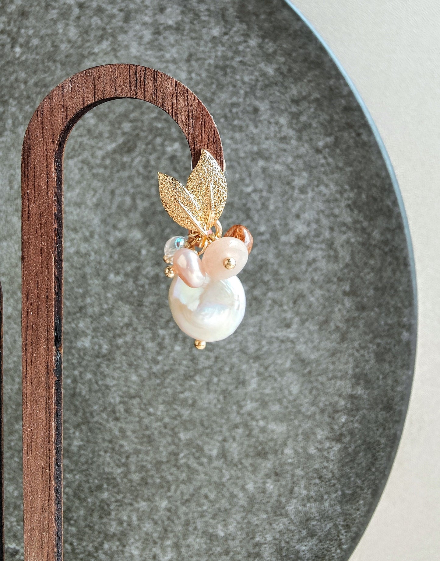 Natural Baroque Flat Coin Pearl Sunstone Moonstone 14K Gold Plated Leaf Earring