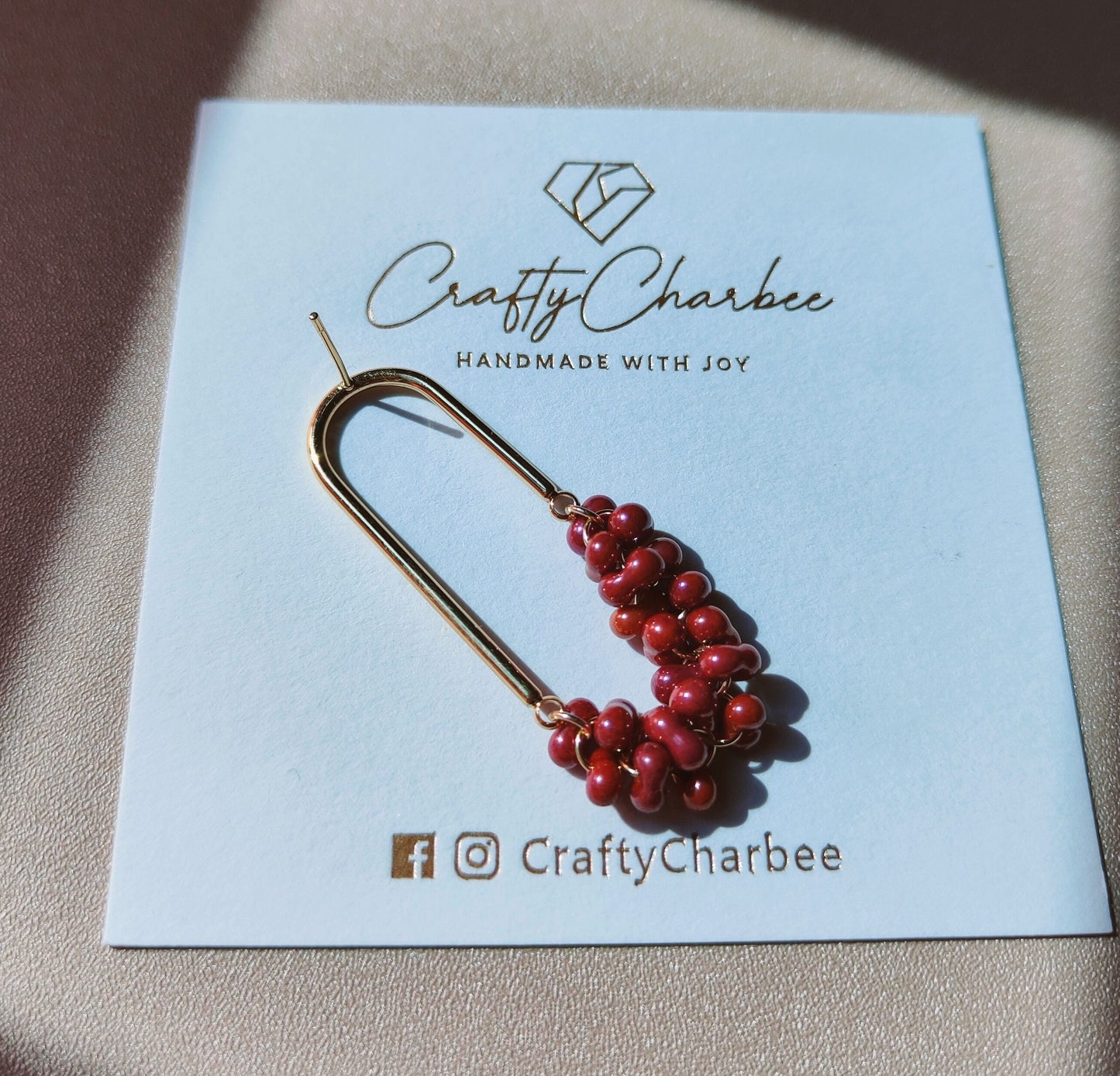 Beaded U Shaped 14K Gold Plated Earrings, Metallic Red Jolly Beads