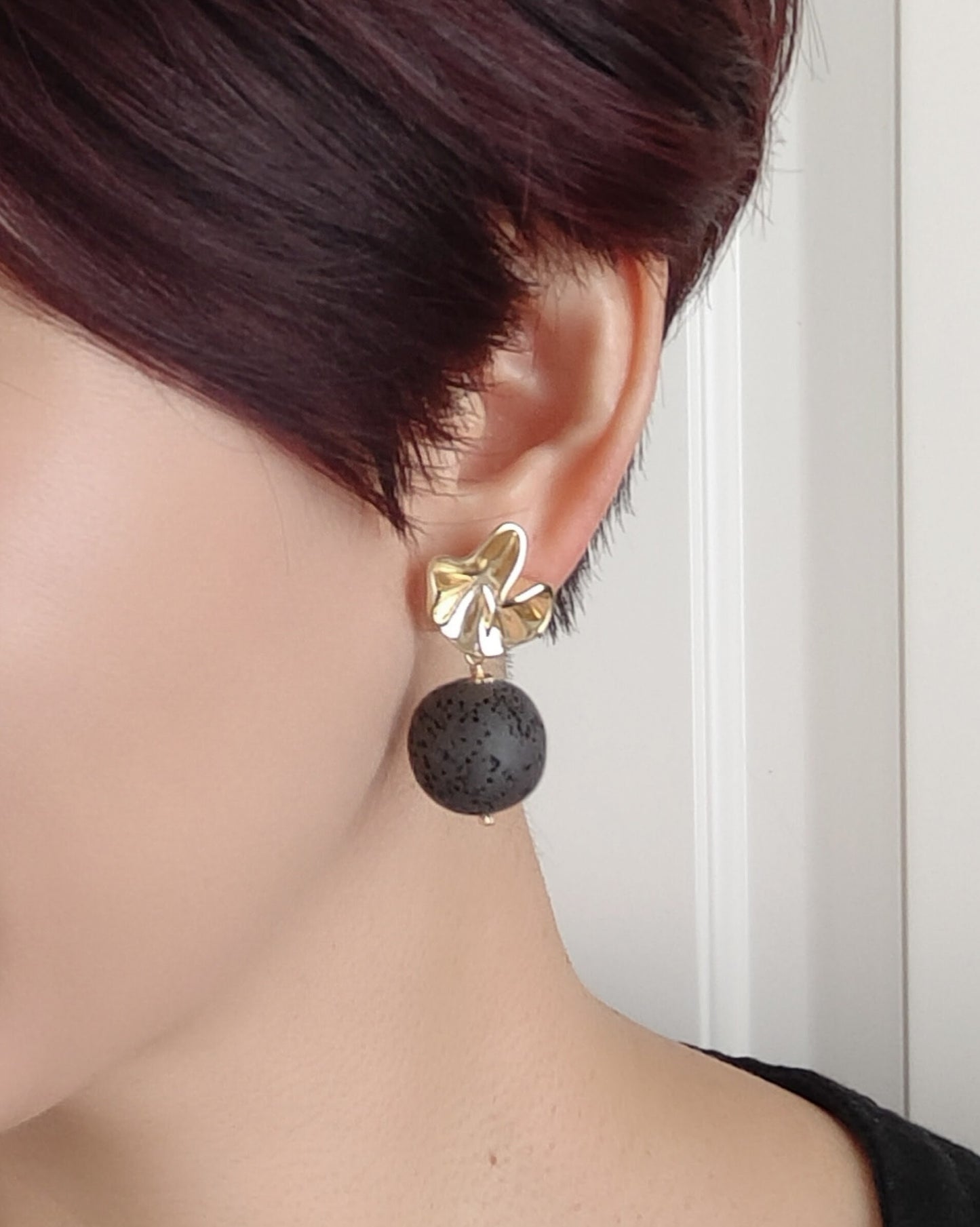 Carbon Black Lava Stone 14K Gold Plated Stud Earrings (Sphere / Coin Shape)