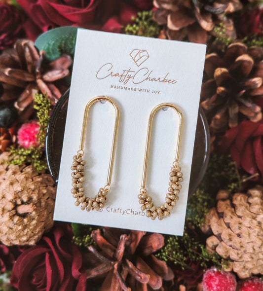 Beaded U Shaped 14K Gold Plated Earrings, Mini Beige Jolly Beads