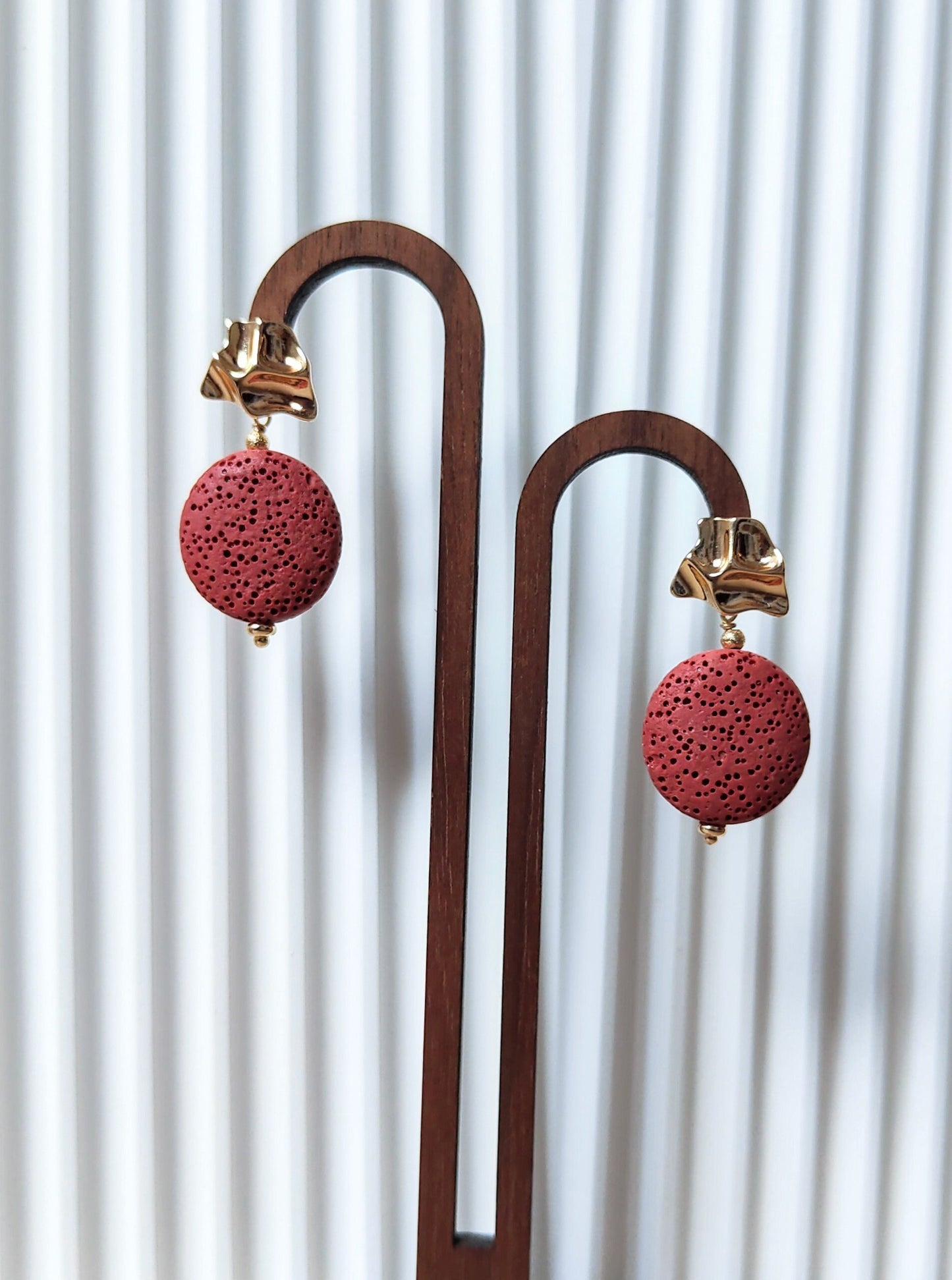 Red Bean Rosy Pink Lava Stone 14K Gold Plated Stud Earrings (Coin Shape)