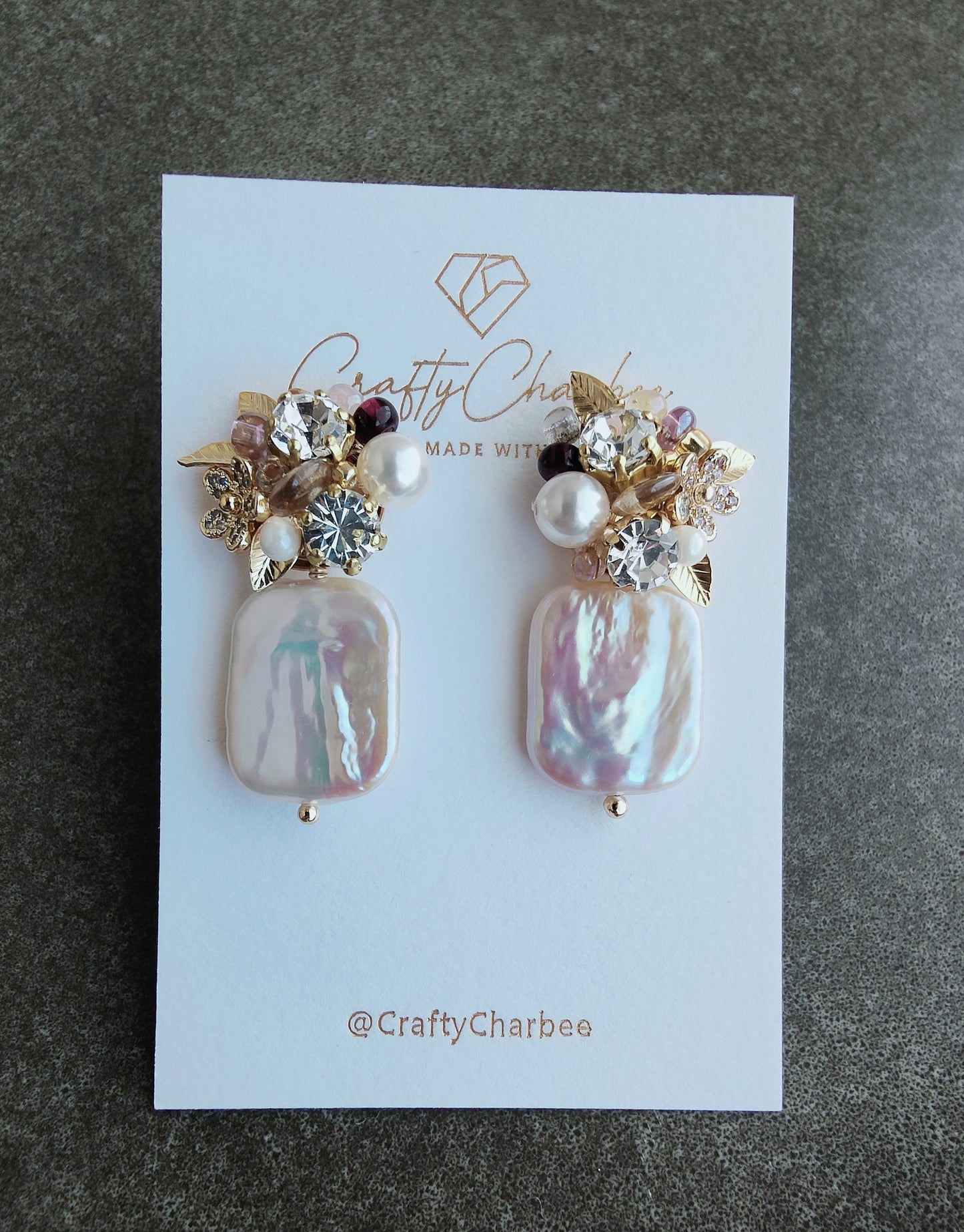 Square-shaped Baroque Pearl with Rhinestones Daisy & Glass Beads S925 Sliver Stud Earrings