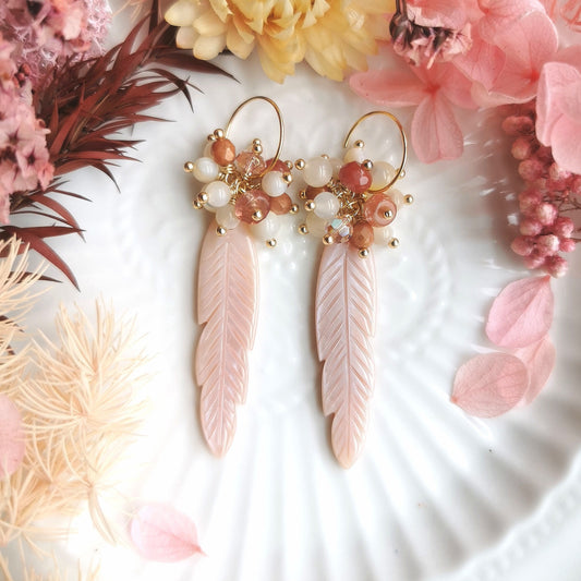 Naturally Crafted Pink Feather Mother of Pearl 14kgf Earrings
