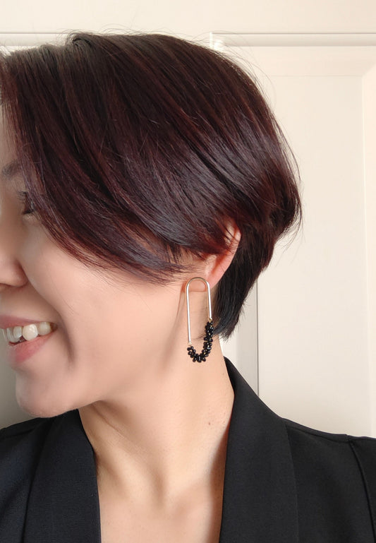 Beaded U Shaped 14K Gold Plated Earrings, Mini Black Jolly Beads