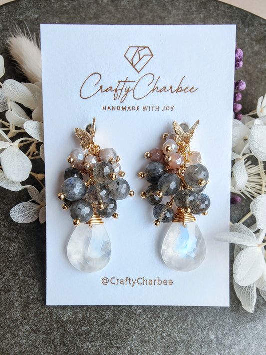 Tea Party Natural Rainbow Moonstone 14K Gold Plated Butterfly Earrings