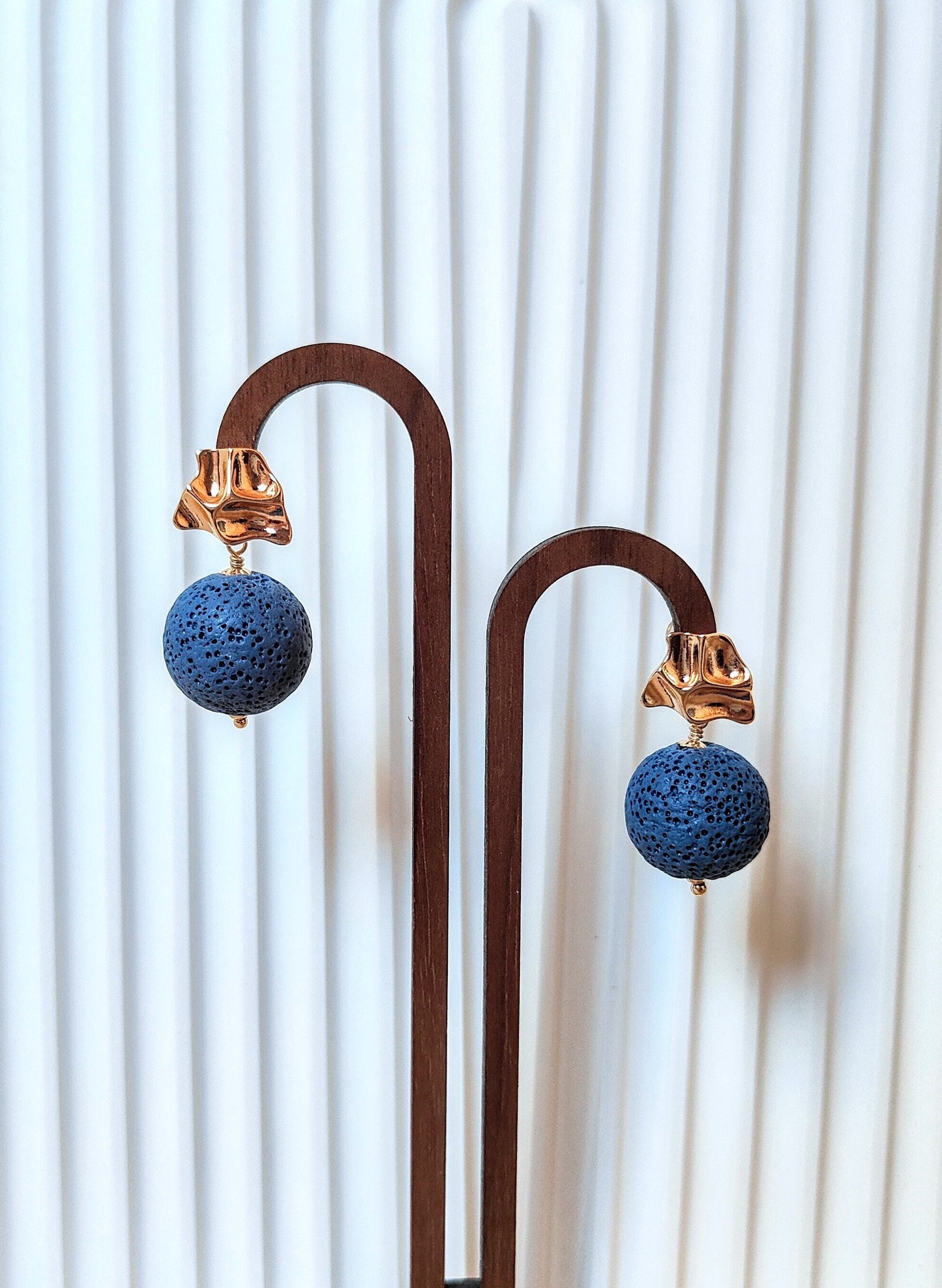 Bright Blue Lava Stone 14K Gold Plated Stud Earrings (Sphere Shape)