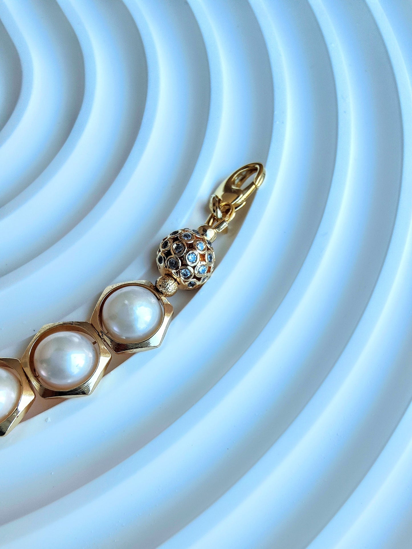 Freshwater Pearl Hexagon Loop 14K Gold Plated Bracelet. June's Birthstone