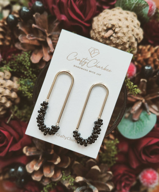 Beaded U Shaped 14K Gold Plated Earrings, Mini Black Jolly Beads