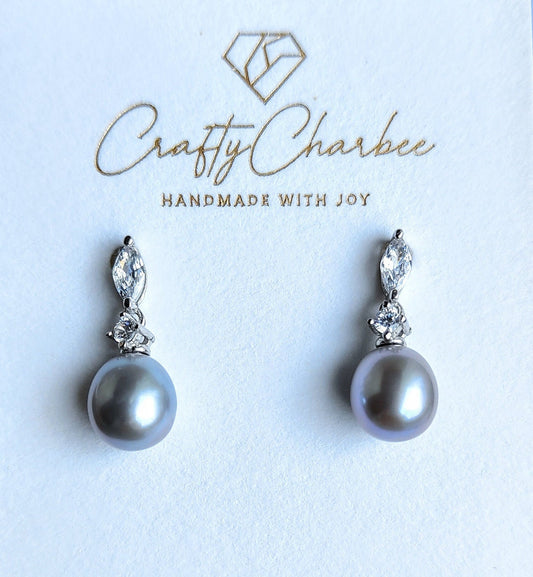 Sliver S925 Rhinestone Drop Grey Freshwater Pearl Earrings, S925 Collection