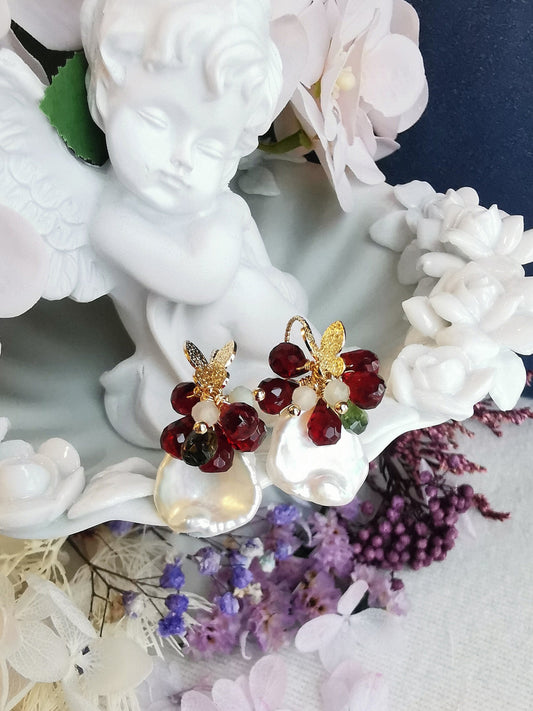 Natural Red Garnet & Baroque Pearl 14K Gold Plated Butterfly Earrings