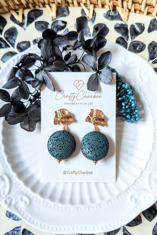 Vintage Teal Lava Stone 14K Gold Plated Stud Earrings (Coin Shape)