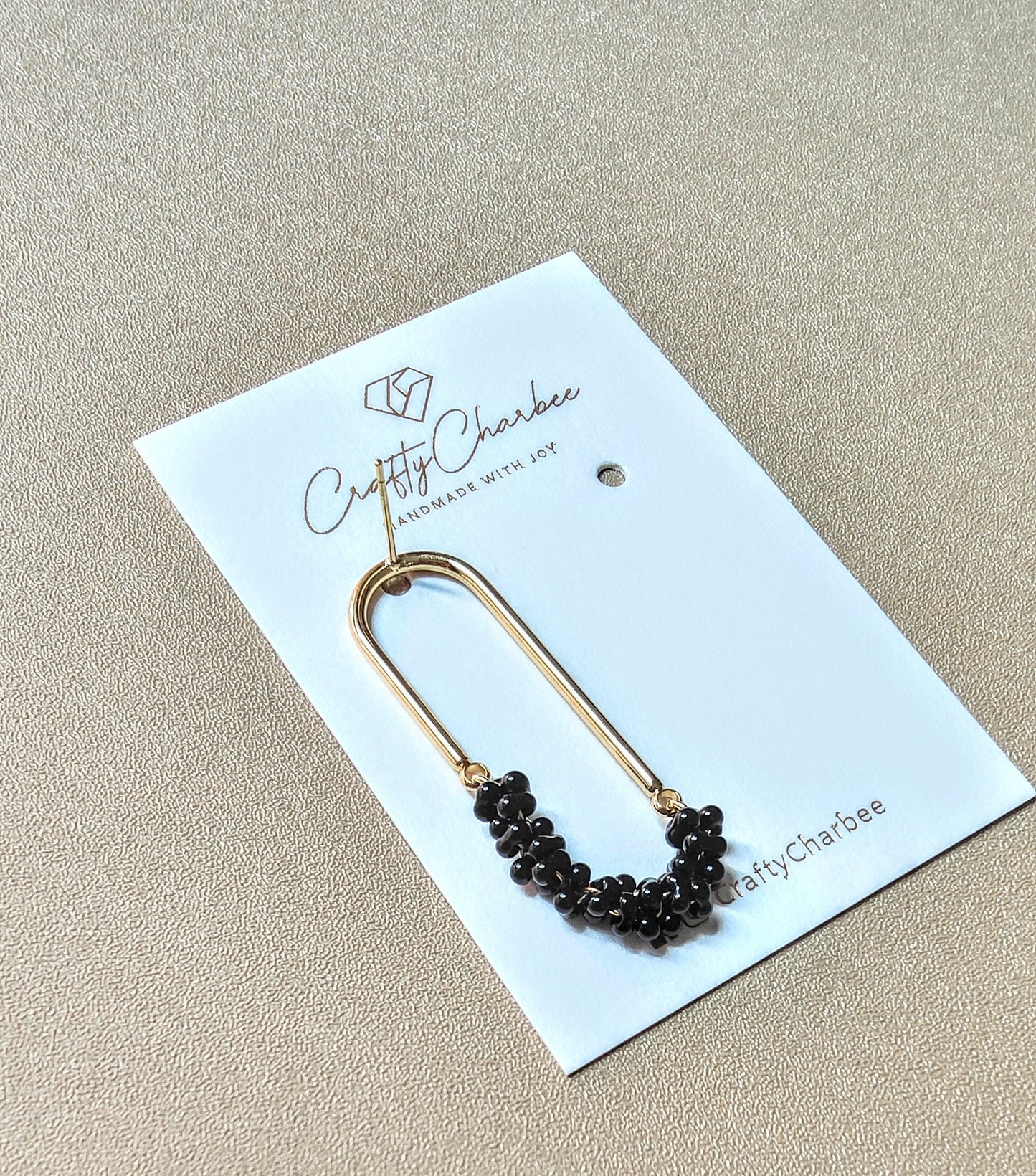 Beaded U Shaped 14K Gold Plated Earrings, Mini Black Jolly Beads