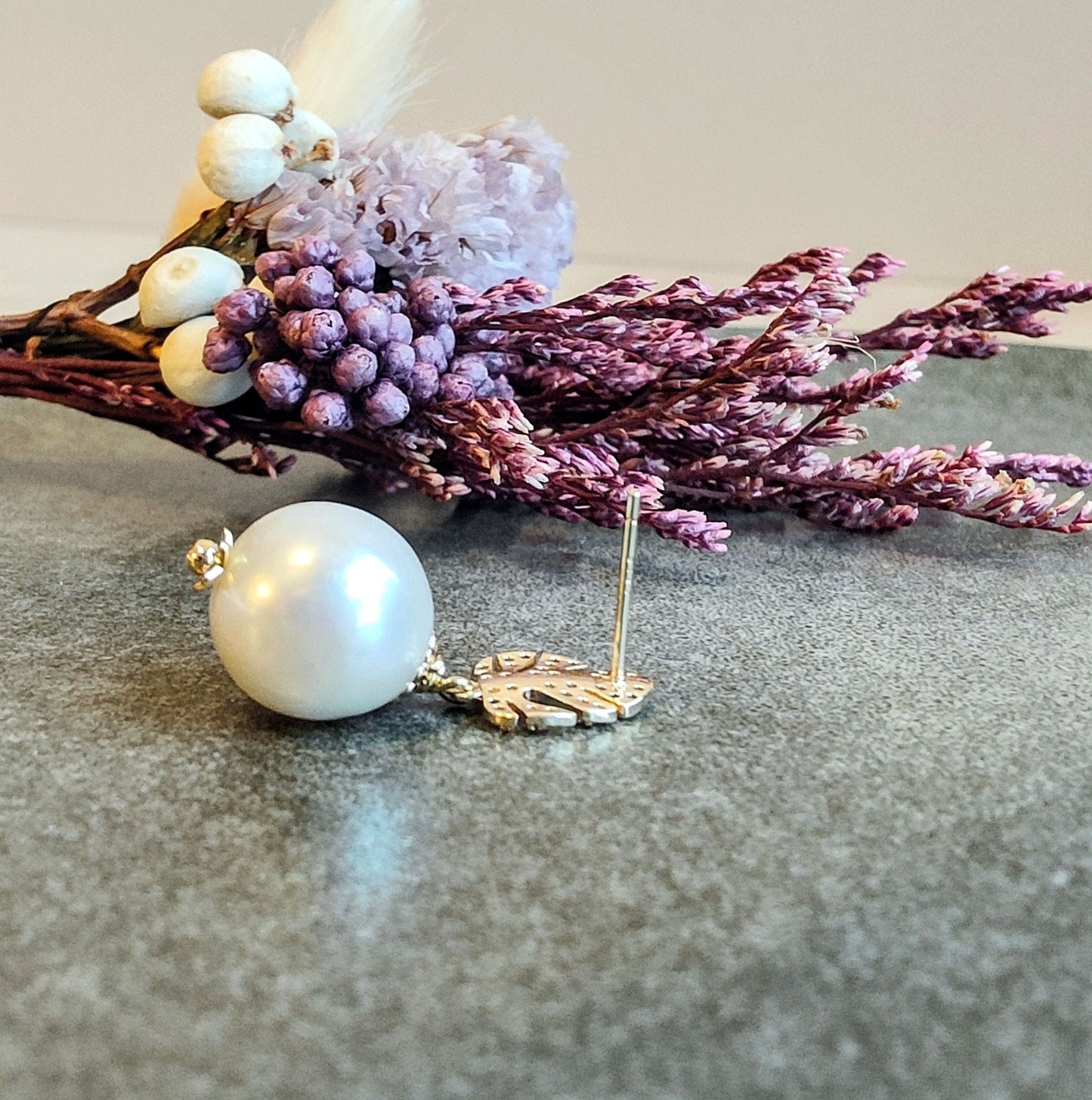 Rhinestone Leaf Natural Freshwater Pearl 14K Gold-Plated Stud Earrings