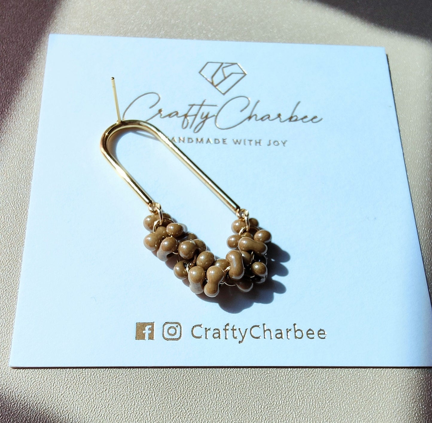 Beaded U Shaped 14K Gold Plated Earrings, Beige Jolly Beads