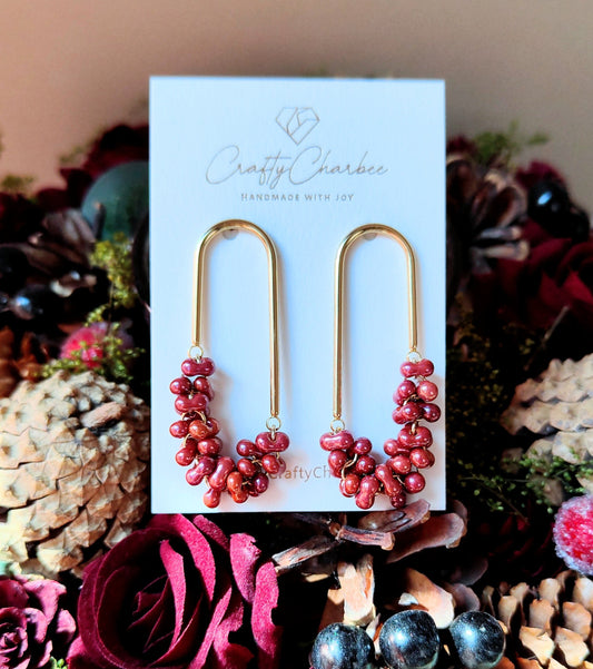 Beaded U Shaped 14K Gold Plated Earrings, Metallic Red Jolly Beads