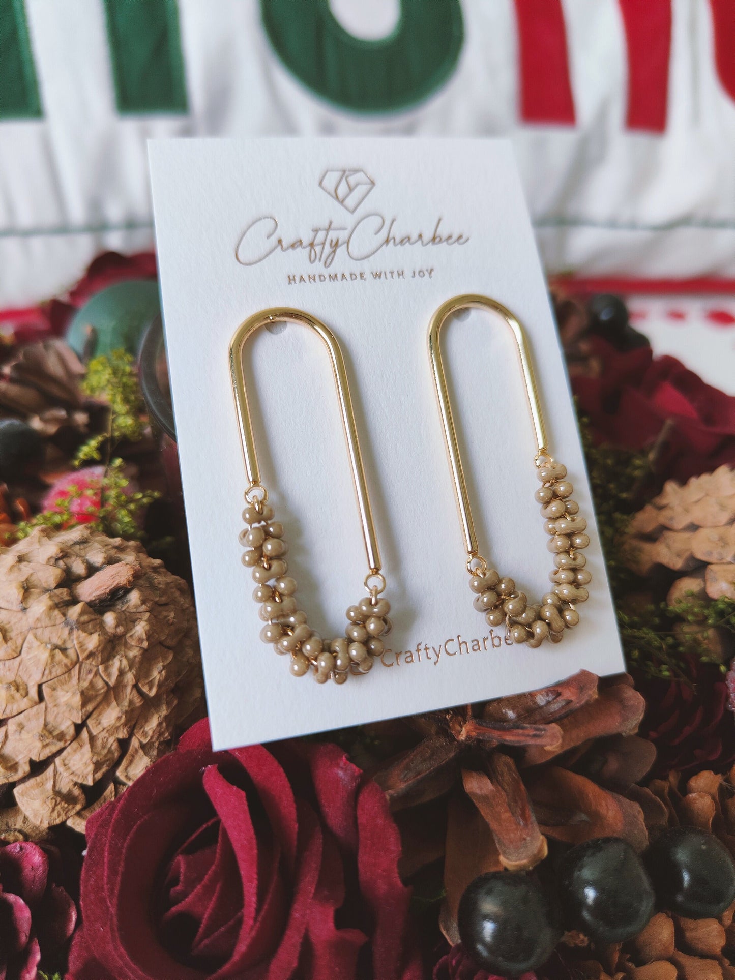 Beaded U Shaped 14K Gold Plated Earrings, Mini Beige Jolly Beads