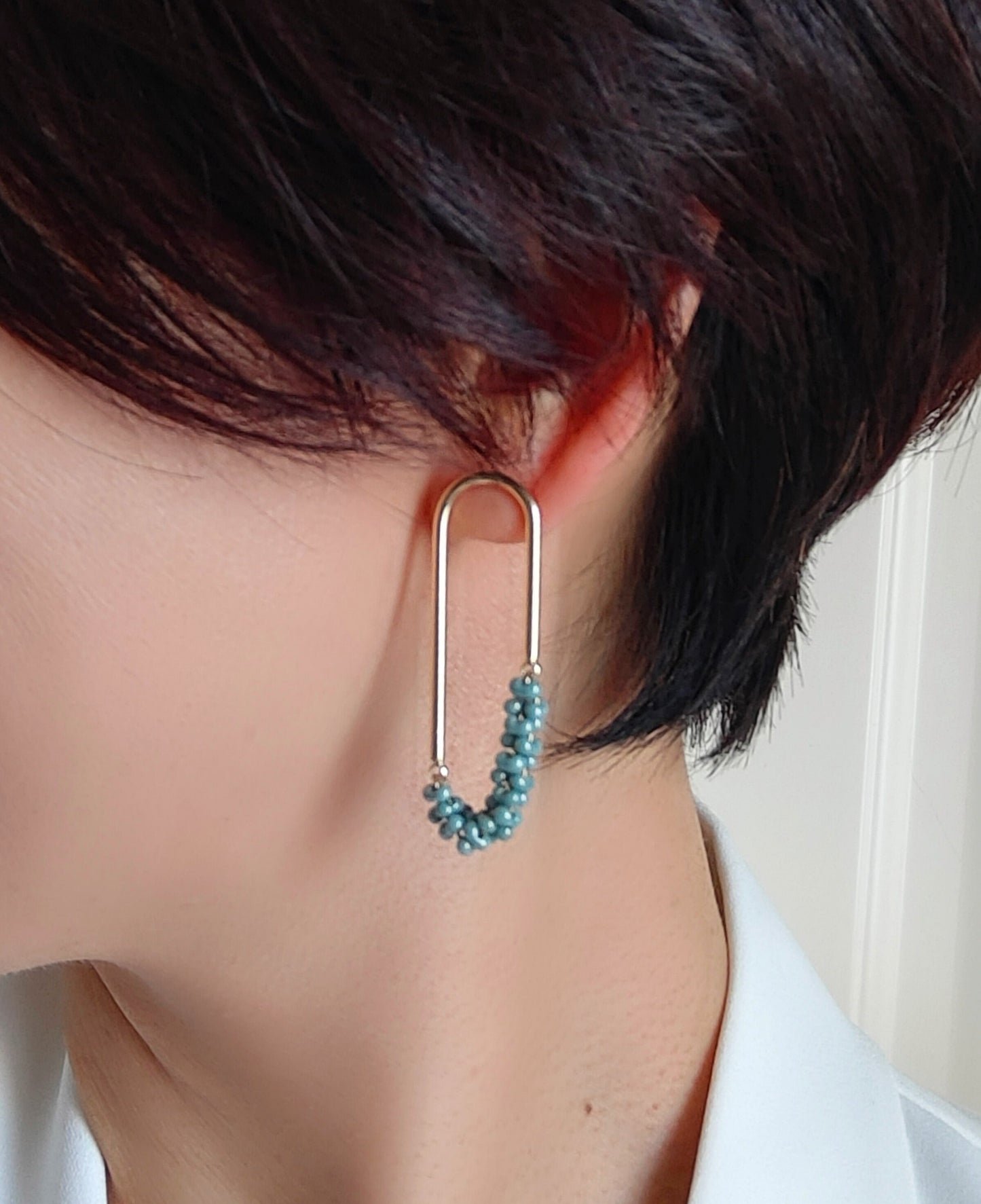 Beaded U Shaped 14K Gold Plated Earrings, Mini Mint Jolly Beads