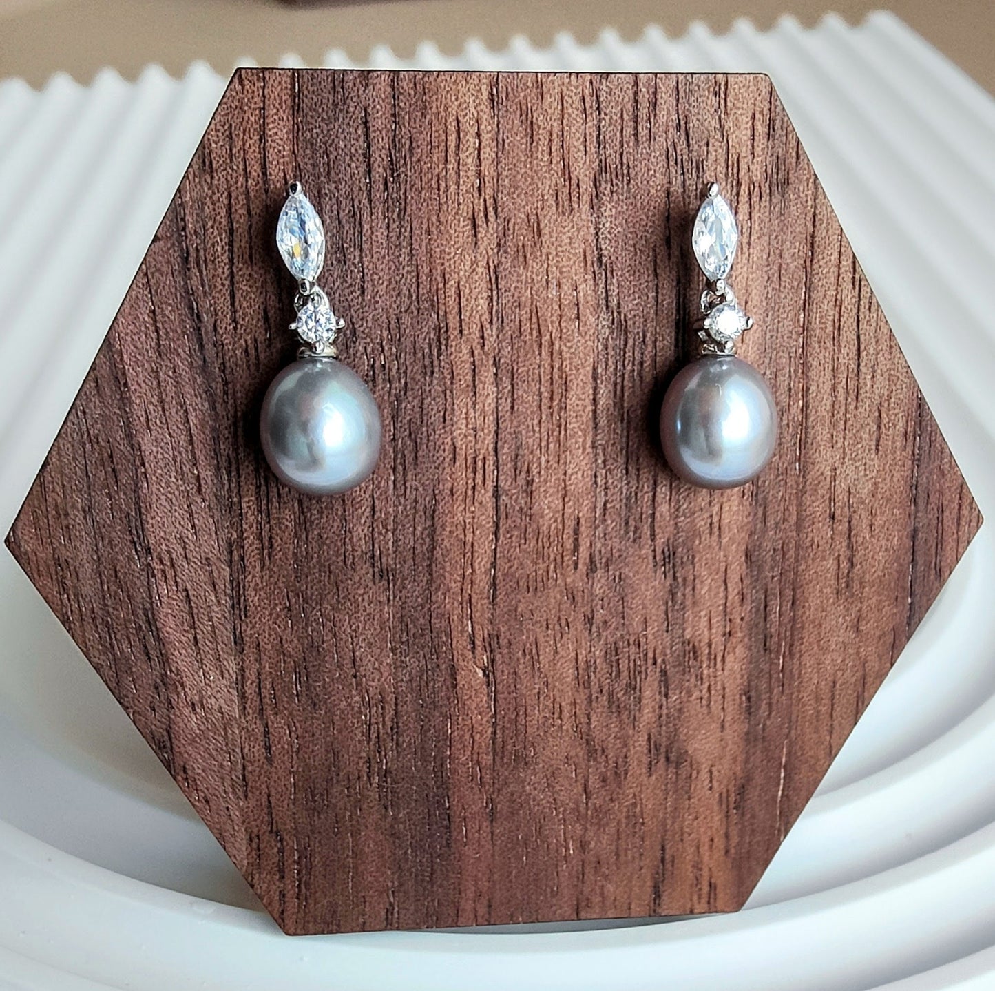 Sliver S925 Rhinestone Drop Grey Freshwater Pearl Earrings, S925 Collection