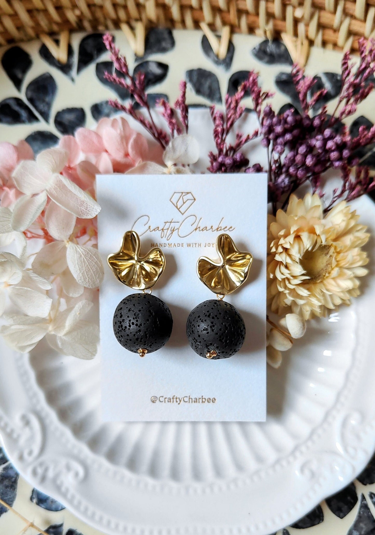 Carbon Black Lava Stone 14K Gold Plated Stud Earrings (Sphere / Coin Shape)