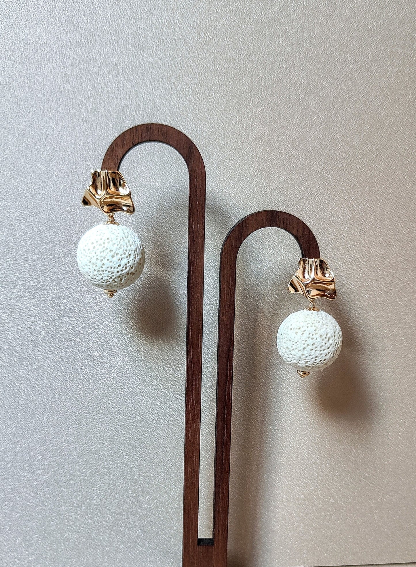 Pearl White Lava Stone 14K Gold Plated Stud Earrings (Sphere / Coin Shape)