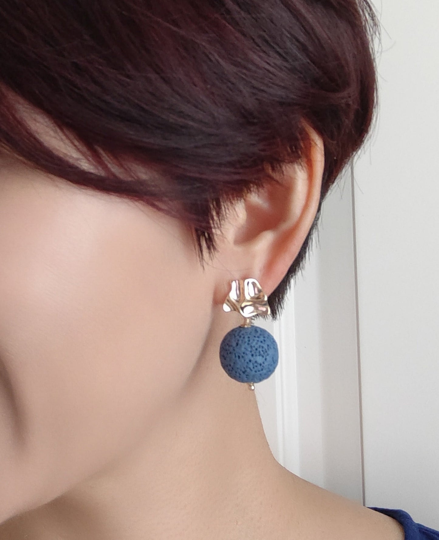 Bright Blue Lava Stone 14K Gold Plated Stud Earrings (Sphere Shape)