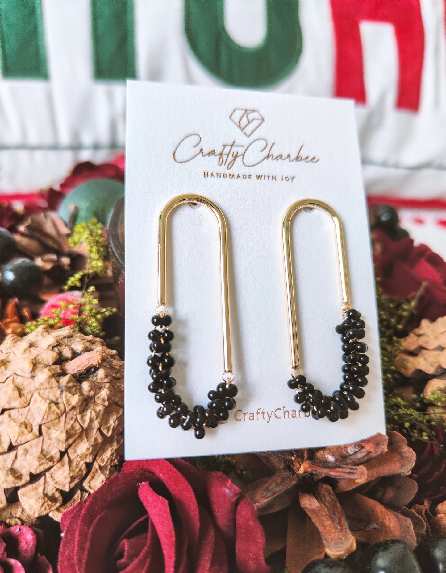 Beaded U Shaped 14K Gold Plated Earrings, Mini Black Jolly Beads
