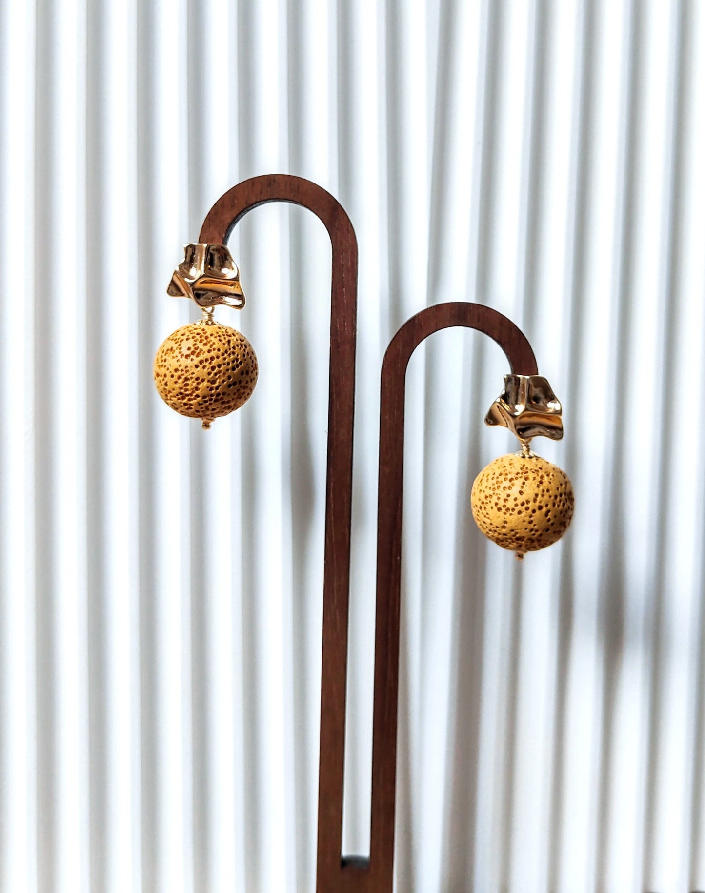 Yellow Lava Stone 14K Gold Plated Stud Earrings (Sphere / Coin Shape)