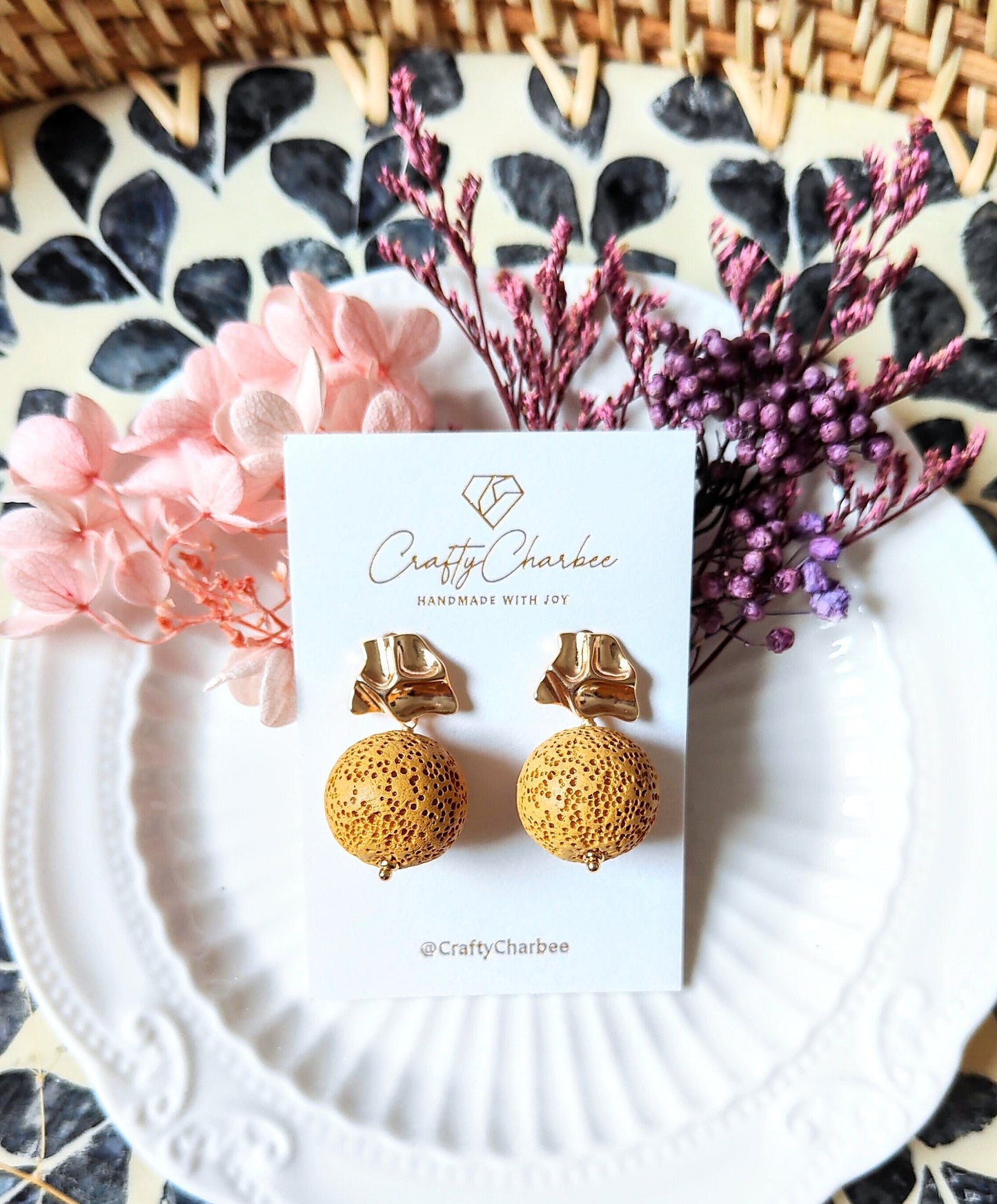 Yellow Lava Stone 14K Gold Plated Stud Earrings (Sphere / Coin Shape)
