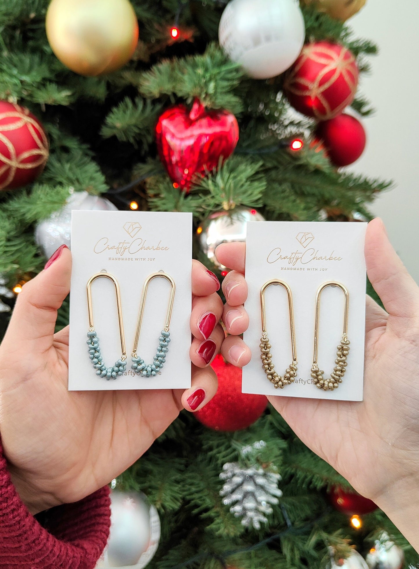Beaded U Shaped 14K Gold Plated Earrings, Mini Mint Jolly Beads