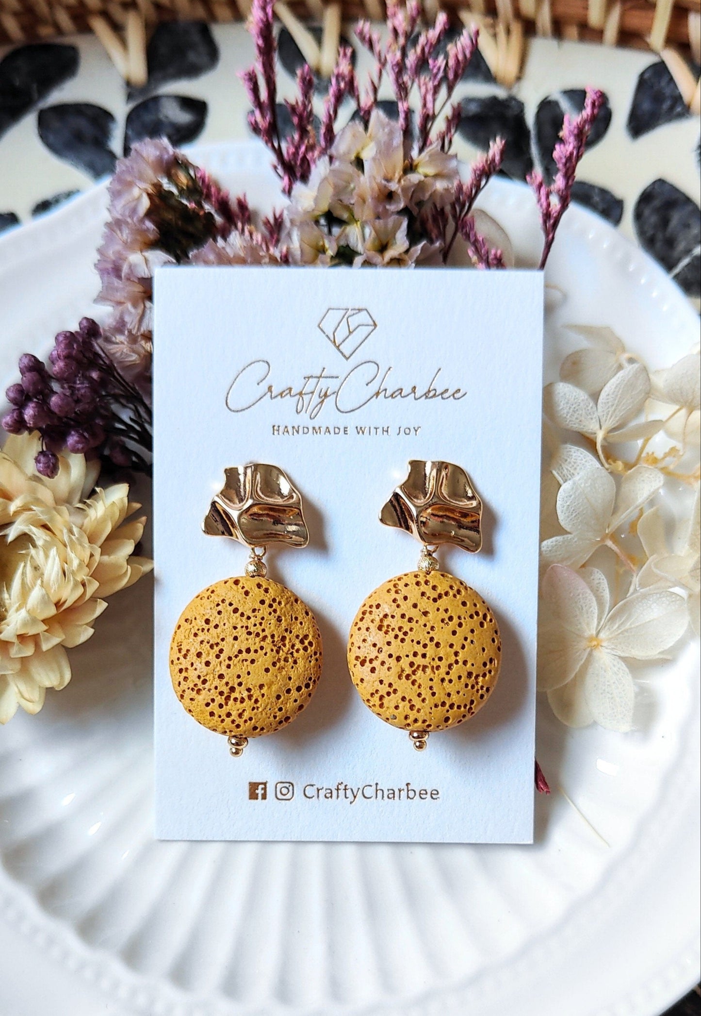 Yellow Lava Stone 14K Gold Plated Stud Earrings (Sphere / Coin Shape)