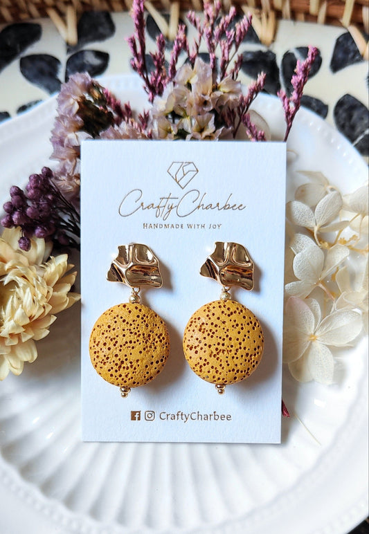 Yellow Lava Stone 14K Gold Plated Stud Earrings (Sphere / Coin Shape)