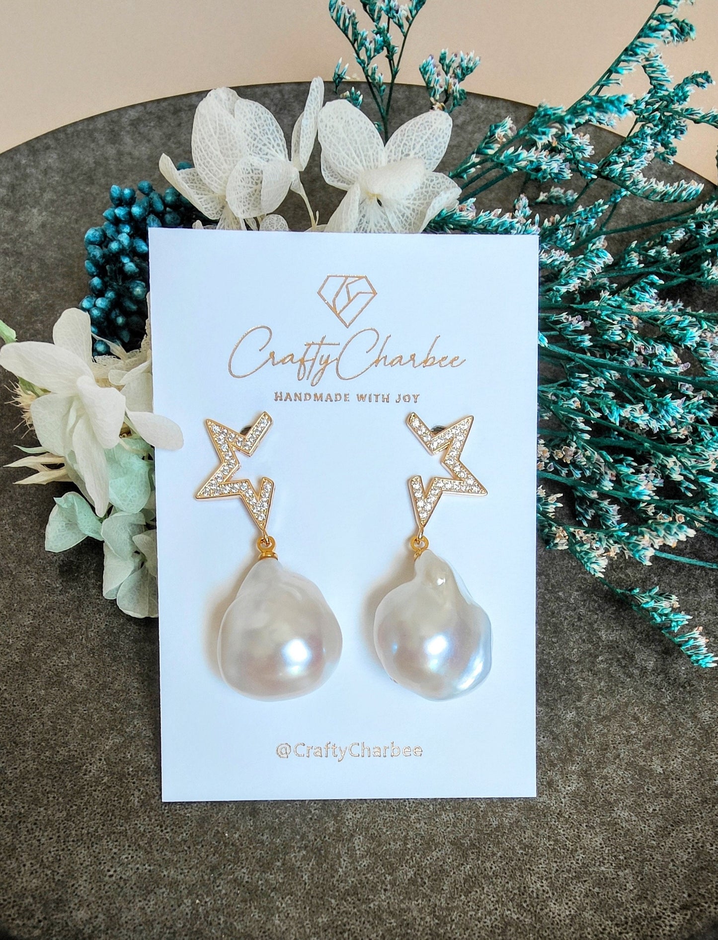 Baroque Pearl CZ Star S925 Sliver Stud Earrings