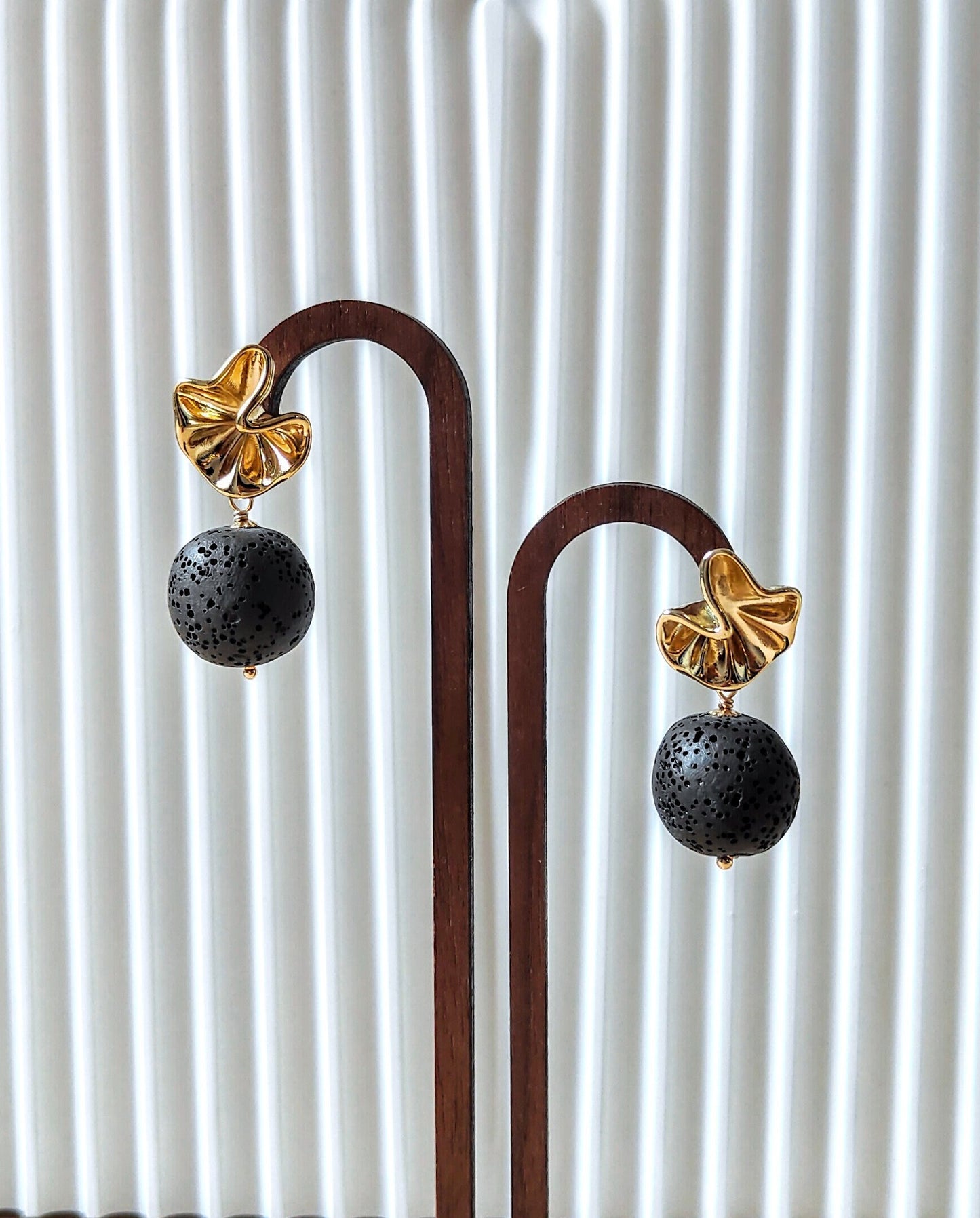 Carbon Black Lava Stone 14K Gold Plated Stud Earrings (Sphere / Coin Shape)