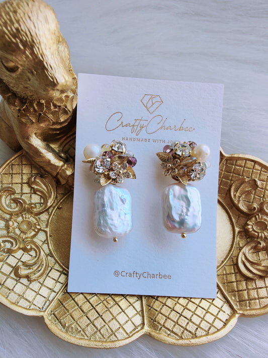 Square-shaped Baroque Pearl with Rhinestones Daisy & Glass Beads S925 Sliver Stud Earrings