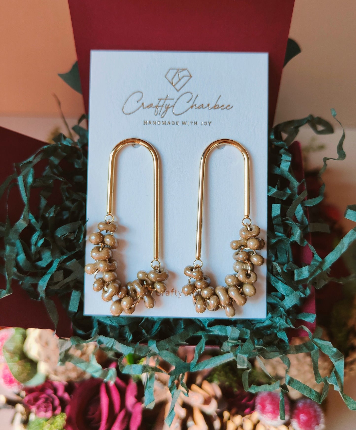 Beaded U Shaped 14K Gold Plated Earrings, Beige Jolly Beads