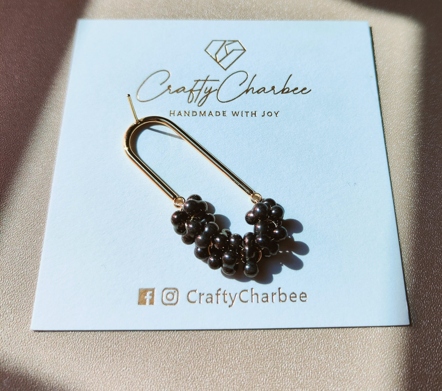 Beaded U Shaped 14K Gold Plated Earrings, Metallic Black Jolly Beads