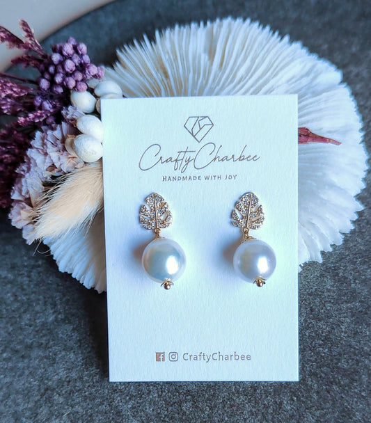 Rhinestone Leaf Natural Freshwater Pearl 14K Gold-Plated Stud Earrings