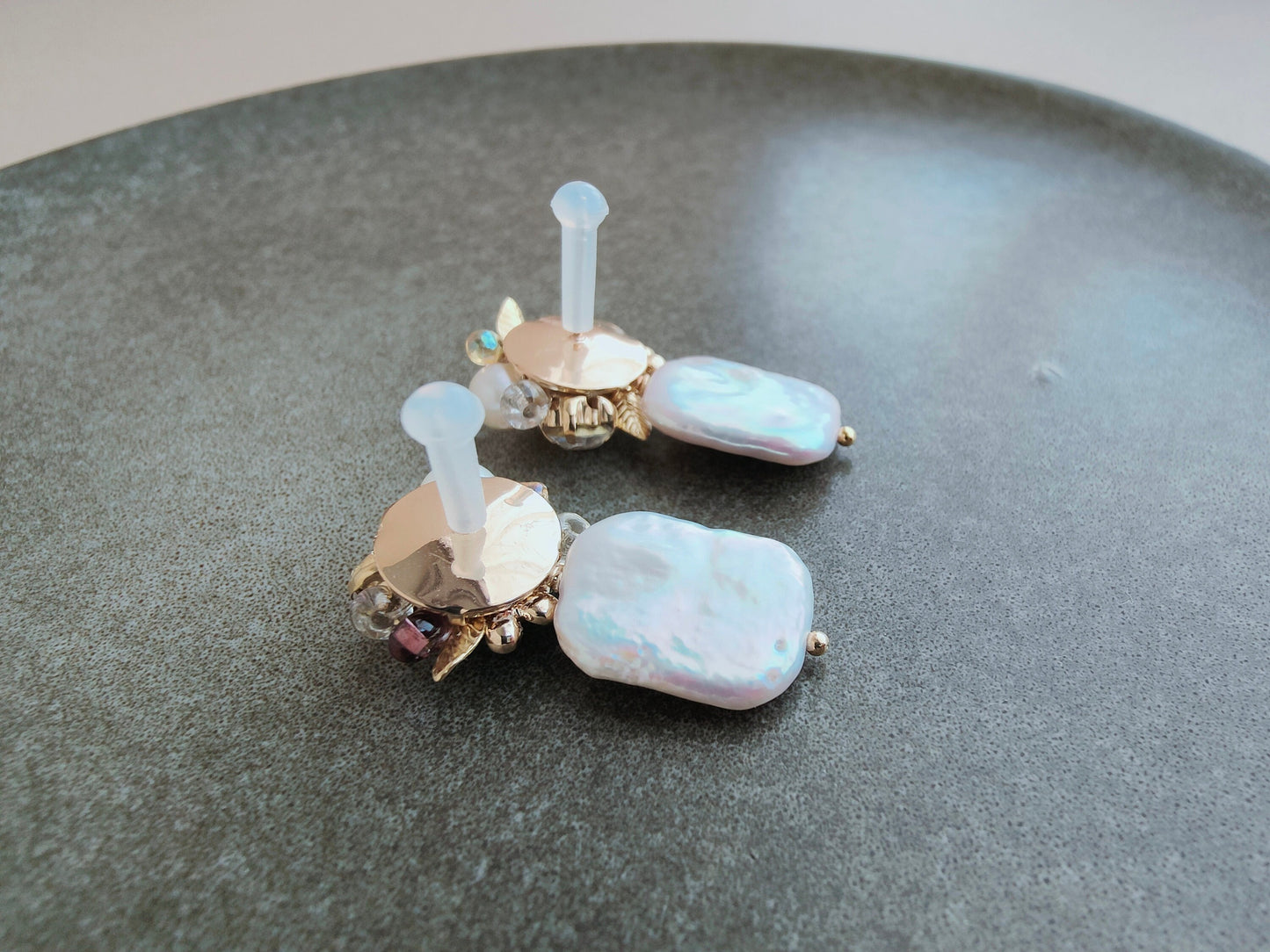 Square-shaped Baroque Pearl with Rhinestones Daisy & Glass Beads S925 Sliver Stud Earrings