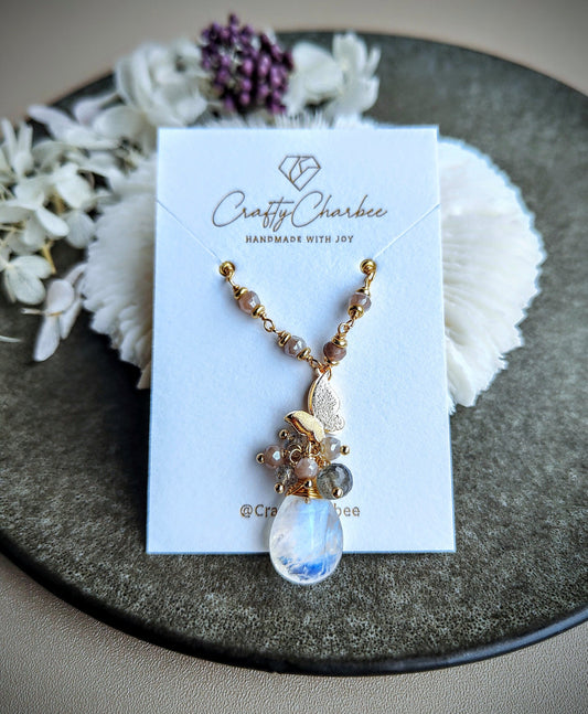 Tea Party Natural Rainbow Moonstone Pendant 14K Gold Plated Butterfly Necklace