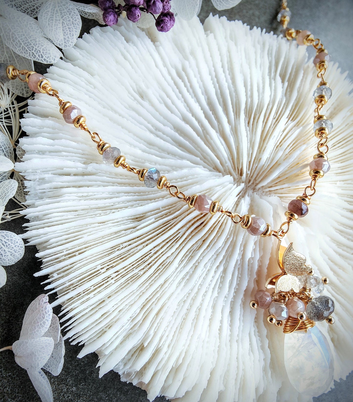 Tea Party Natural Rainbow Moonstone Pendant 14K Gold Plated Butterfly Necklace