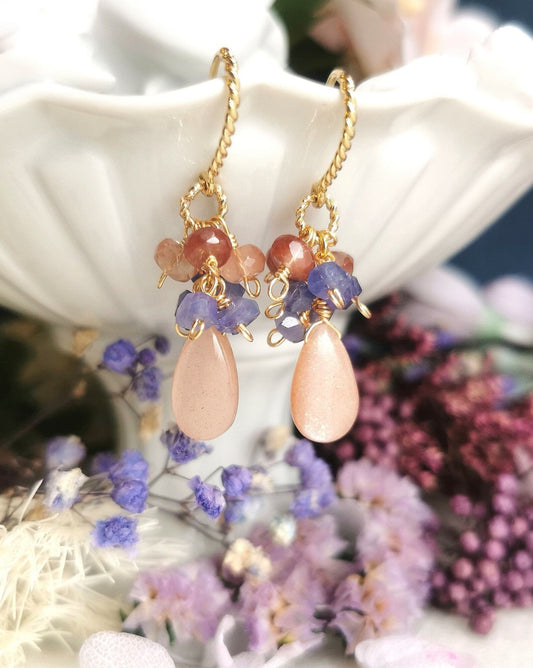 Peach Moonstone Tanzanite 14K Gold Plated Dangle  Earrings