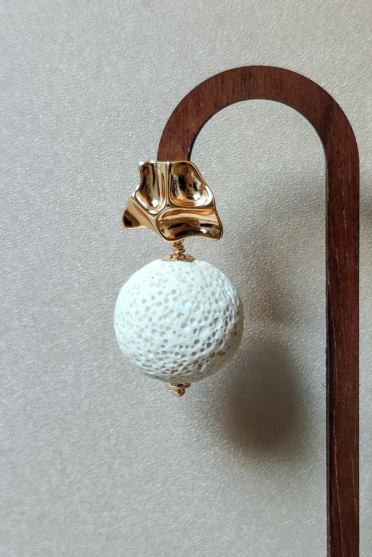 Pearl White Lava Stone 14K Gold Plated Stud Earrings (Sphere / Coin Shape)