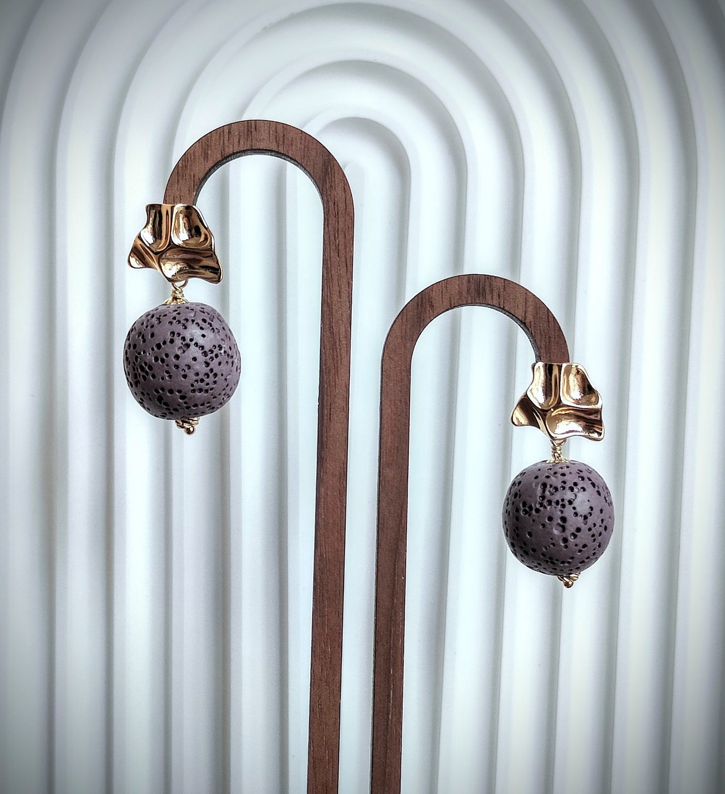 Purple Lava Stone 14K Gold Plated Stud Earrings (Sphere / Coin Shape)