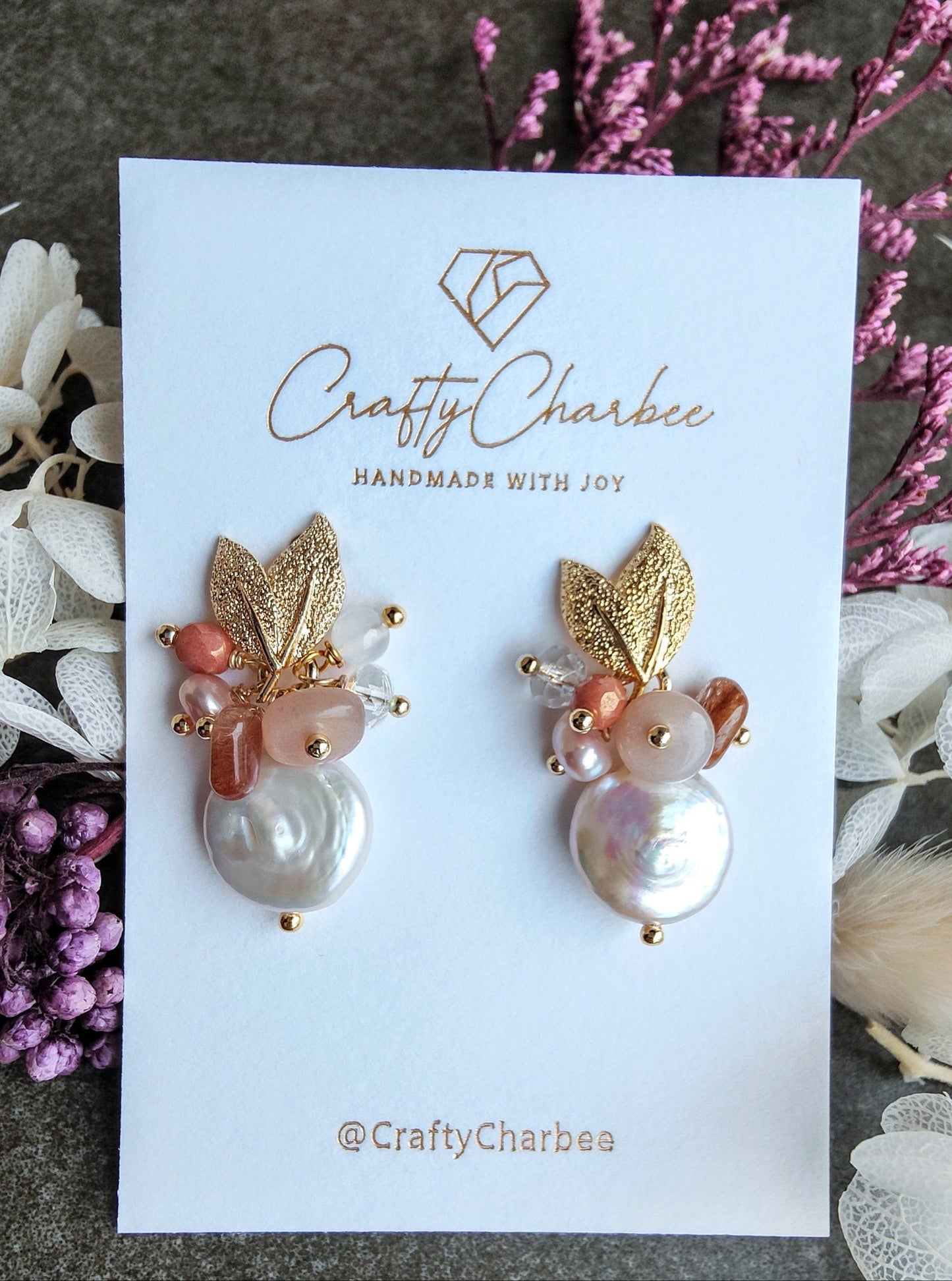 Natural Baroque Flat Coin Pearl Sunstone Moonstone 14K Gold Plated Leaf Earring