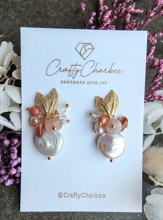 Natural Baroque Flat Coin Pearl Sunstone Moonstone 14K Gold Plated Leaf Earring