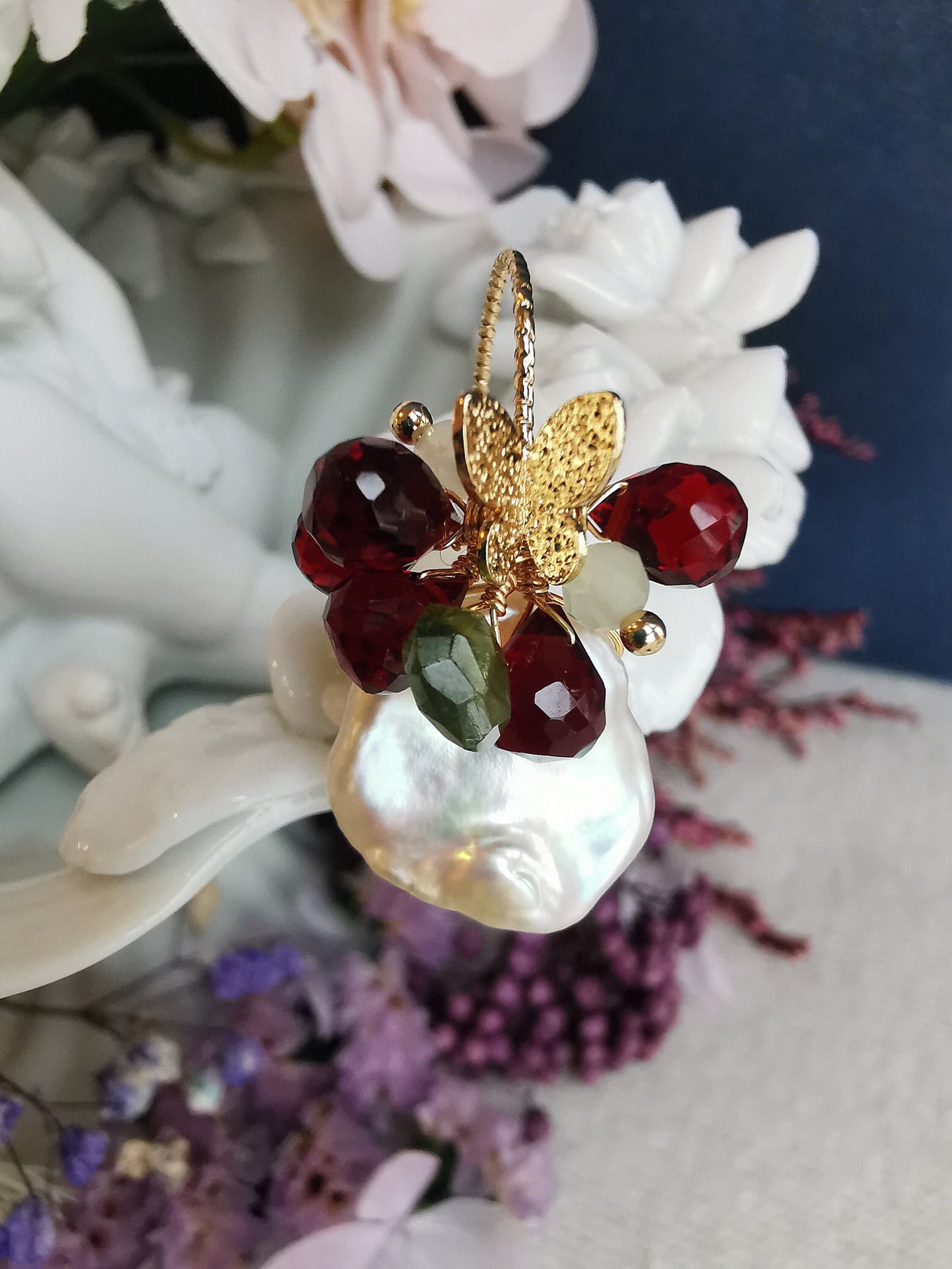 Natural Red Garnet & Baroque Pearl 14K Gold Plated Butterfly Earrings