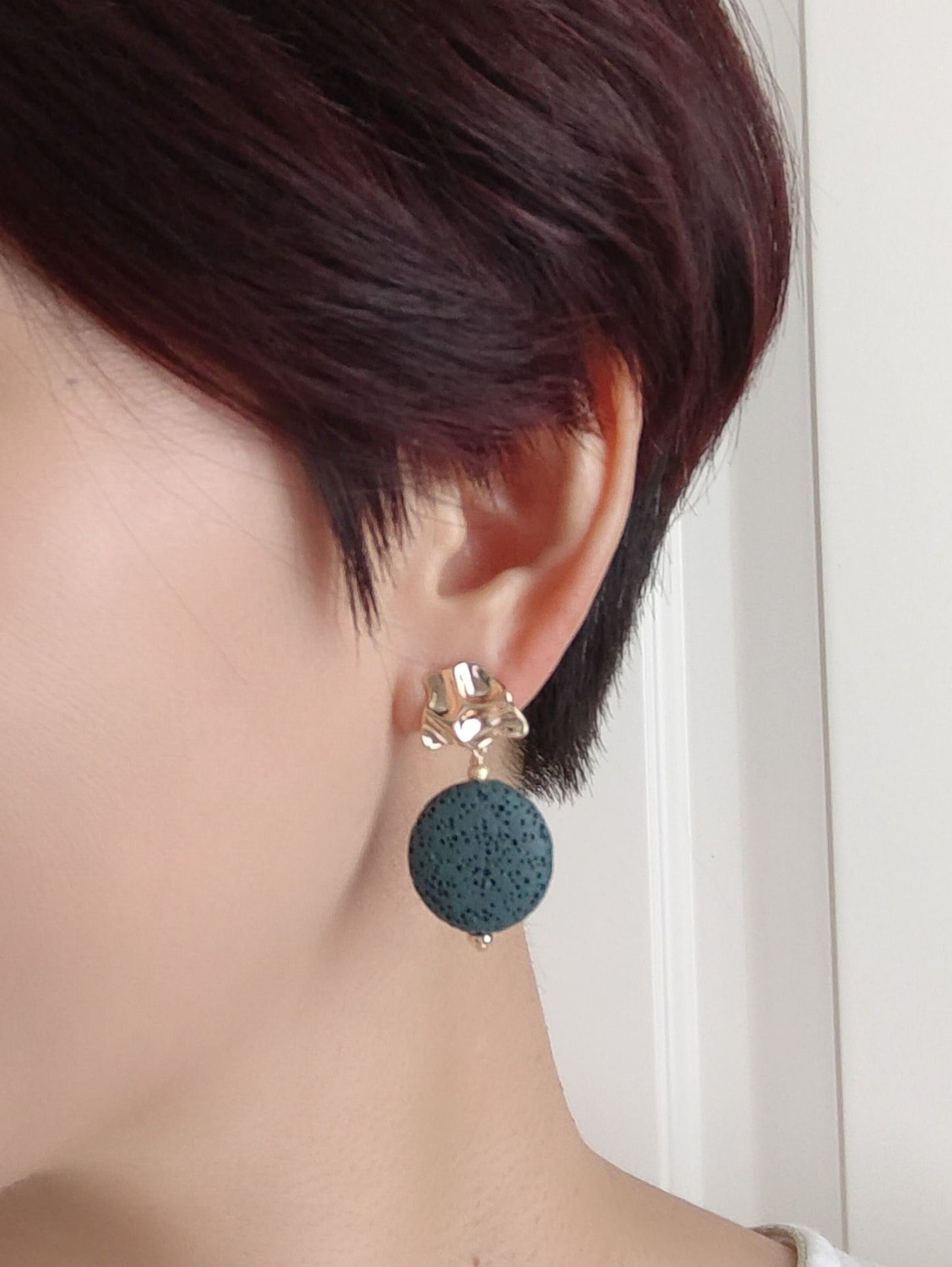 Vintage Teal Lava Stone 14K Gold Plated Stud Earrings (Coin Shape)
