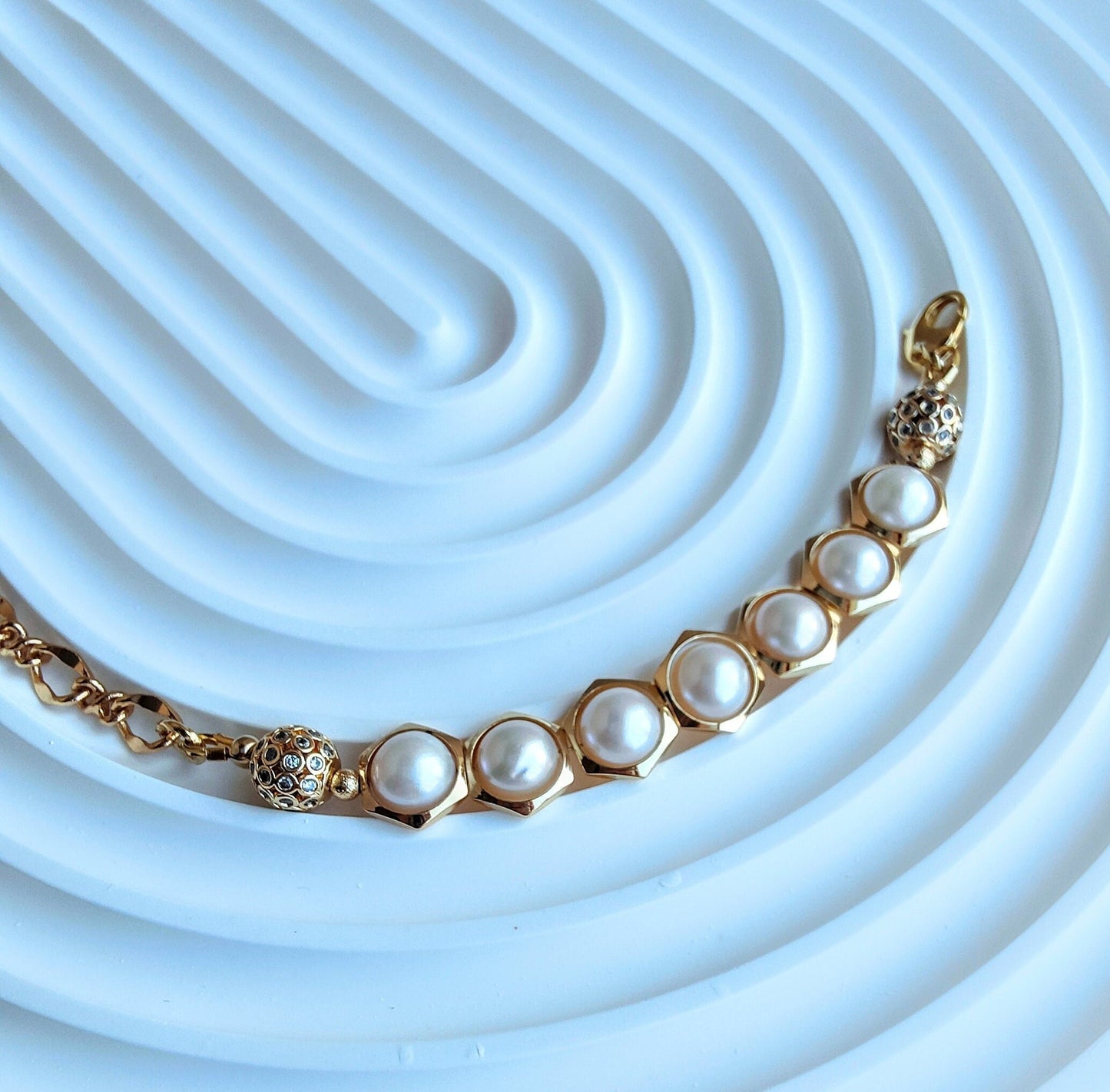 Freshwater Pearl Hexagon Loop 14K Gold Plated Bracelet. June's Birthstone